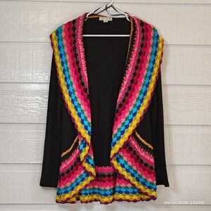 Double Zero Crochet Trim Cardigan Sweater Colorful Open Front Boho Medium Artsy
